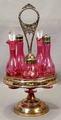 122318 CRANBERRY GLASS  WM A ROGERS SILVER CRUET STA