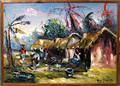 113252 AFRICAN OIL ON MASONITE VILLAGE SCENE C 196
