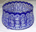 010376 BLUE OVERLAY AND CUT CRYSTAL FRUIT BOWL ON THRE