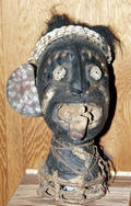 113294 AFRICAN CARVED ANIMAL HIDE ON WOOD HEAD SCULPTU