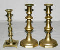 0467 EARLY AMERICAN BRASS CANDLESTICKS THREE H 8 12
