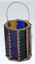0464 MULTI COLORED GLASS  TIN LANTERN 19TH CENTURY