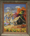 011592 P KIVEDI OIL ON MASONITE AFRICAN VILLAGE SCE