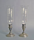 Pair of sterling silver candlesticks with etched glass hurricane shades