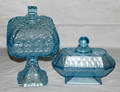 1545 BLUE PRESSED GLASS COVERED COMPOTES 2 H 11 L