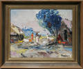 011593 AFRICAN OIL ON MASONITE VILLAGE SCENE CIRCA