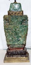 113383 CHINESE GREEN QUARTZ LAMP WITH CARVED TEAKWOOD