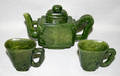 122030 CHINESE CARVED SPINACH JADE TEA SET THREE PIEC