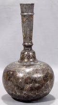 041077 PERSIAN SILVER INLAID PEWTER VASE FLORAL DESIG