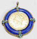 071126 GOLD LAPIS TURQUOISE 20 GOLD PIECE PENDANT