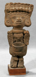 081166 MAYAN POTTERY STANDING FIGURE ON WOODEN BASE