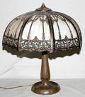 051136 HANDEL SPELTER LAMP BASE W ART GLASS SHADE