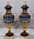 042140 ITALIAN COBALT CUT CRYSTAL  DORE BRONZE URNS