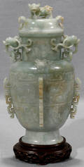 042126 CHINESE JADEITE COVERED URN W FOO DOG FINIAL