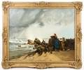Cont 19th C Signed Oil Mother  Child on Beach