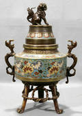 030191 ORIENTAL BRONZE CLOISONN INCENSE BURNER ANTIQ