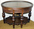 060224 WALNUT OVAL COFFEE TABLE W GLASS TRAY TOP