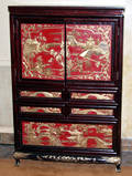 032194 CHINESE CARVED CABINET W RED LACQUER DOORS