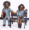 032185 POLYCHROME BRONZE SCULPTURE CHILDREN ON BENCH