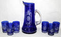 031354 COBALTCUTTOCLEAR GLASS PITCHER  6 TUMBLERS