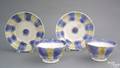 Pair of blue and yellow rainbow spatter cups and saucers