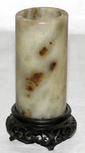 072306 CHINESE GRAY JADE VASE W TEAKWOOD STAND