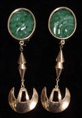 042317 14KT GOLD DROP STYLE EARRINGS W CARVED JADE