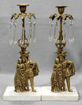 080357 VICTORIAN BRASS  CRYSTAL CANDLESTICKS