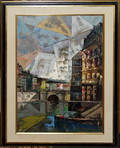 032400 OIL ON CANVAS ABSTRACT CITY AND CANAL SCENE