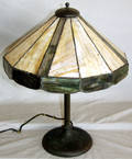 030436 ARTS  CRAFTS METAL AND STAINED GLASS LAMP