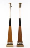 Parzinger for Stiffell Brass  Wood Obelisk Lamps