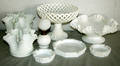 060545 WHITE HOBNAIL GLASS COMPOTES VASES OIL LAMP
