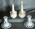 040596 MILK GLASS  POTTERY CANDLESTICKS  DECANTERS