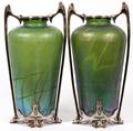 ART NOUVEAU IRIDESCENT GLASS  SILVERPLATE VASES