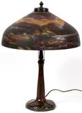 REVERSEPAINTED GLASS SCENIC SHADE W HANDEL LAMP BASE