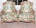 LOUIS XV STYLE SILK UPHOLSTERED ARMCHAIRS PAIR