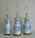 Three Chinese export blue and white porcelain vase table lamps