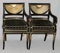 BLACK LACQUER CANE BACK ARM CHAIRS PAIR