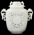 CHINESE CARVED WHITE JADE COVERED URN