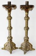ECCLESIASTICAL STYLE BRASS CANDLESTICKS PAIR