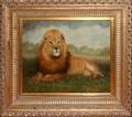 JACK LEMAN LION LAYING ON GROUND OIL ON CANVAS