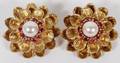 14KT YELLOW GOLD PEARL  RUBY FLOWER EARCLIPS PAIR