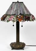 PATINATED METAL AND CONCAVE STAIN GLASS LAMP
