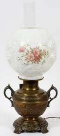 VICTORIAN BRASS  MILK GLASS OIL LAMP C1886