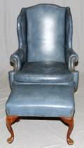 QUEEN ANN STYLE LEATHER ARM CHAIR AND OTTOMAN