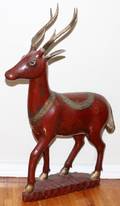 LARGE CARVED WOOD  POLYCHROME DEER