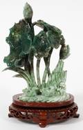 CHINESE CARVED GREEN  WHITE JADE LOTUS W BIRDS