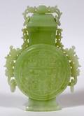 CHINESE CARVED WHITE NEPHRITE JADE COVERED URN