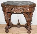 WALNUT INSET MARBLE TOP OVAL CENTER TABLE