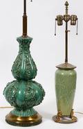 GLAZED GREEN CERAMIC TABLE LAMPS MID 20TH C TWO